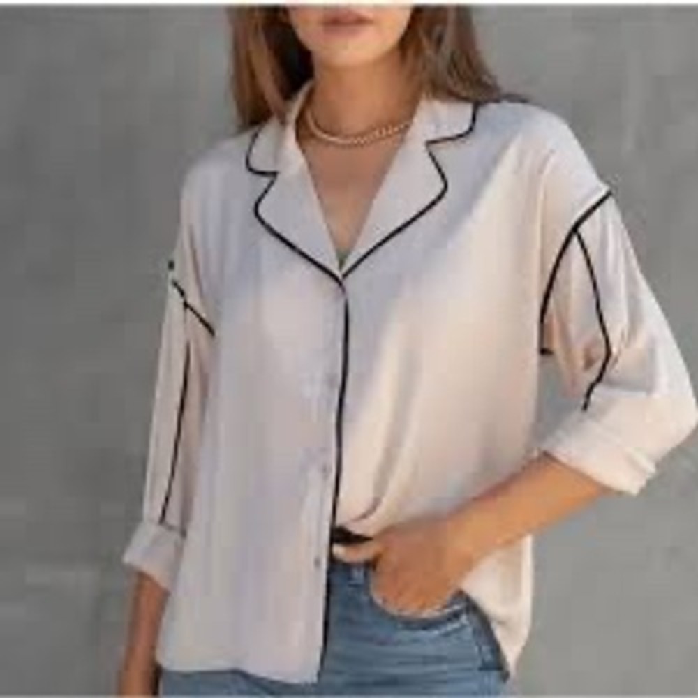 Lumiere Womens Pajama Style Button Down Shirt Beige Black Trim‎ NT20326 Small